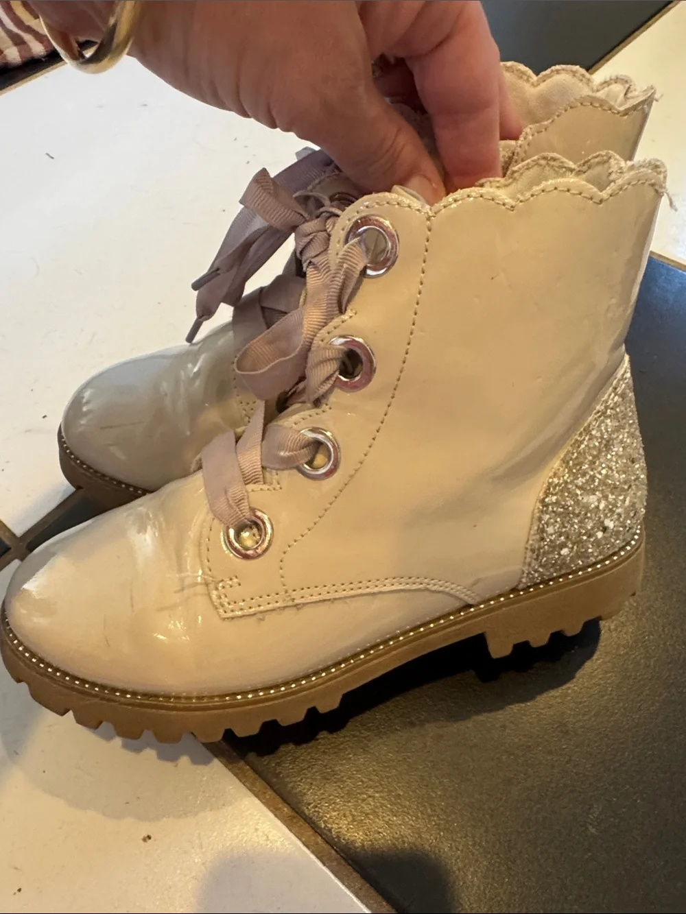Girls Cream Lace-Up Boots with Glitter Heel